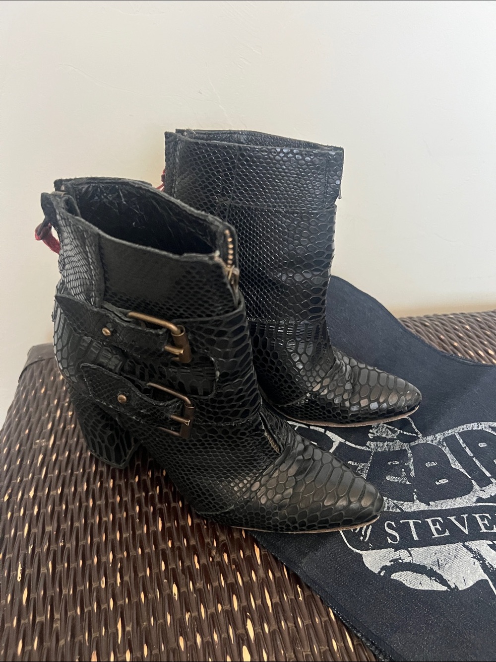 Joey Black Snakeskin Heeled Ankle Boots with Buckle Straps